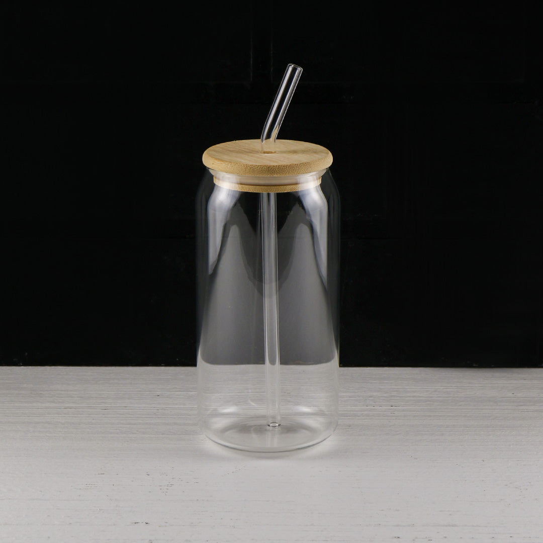 Can Glass with Wood Top & Glass Straw