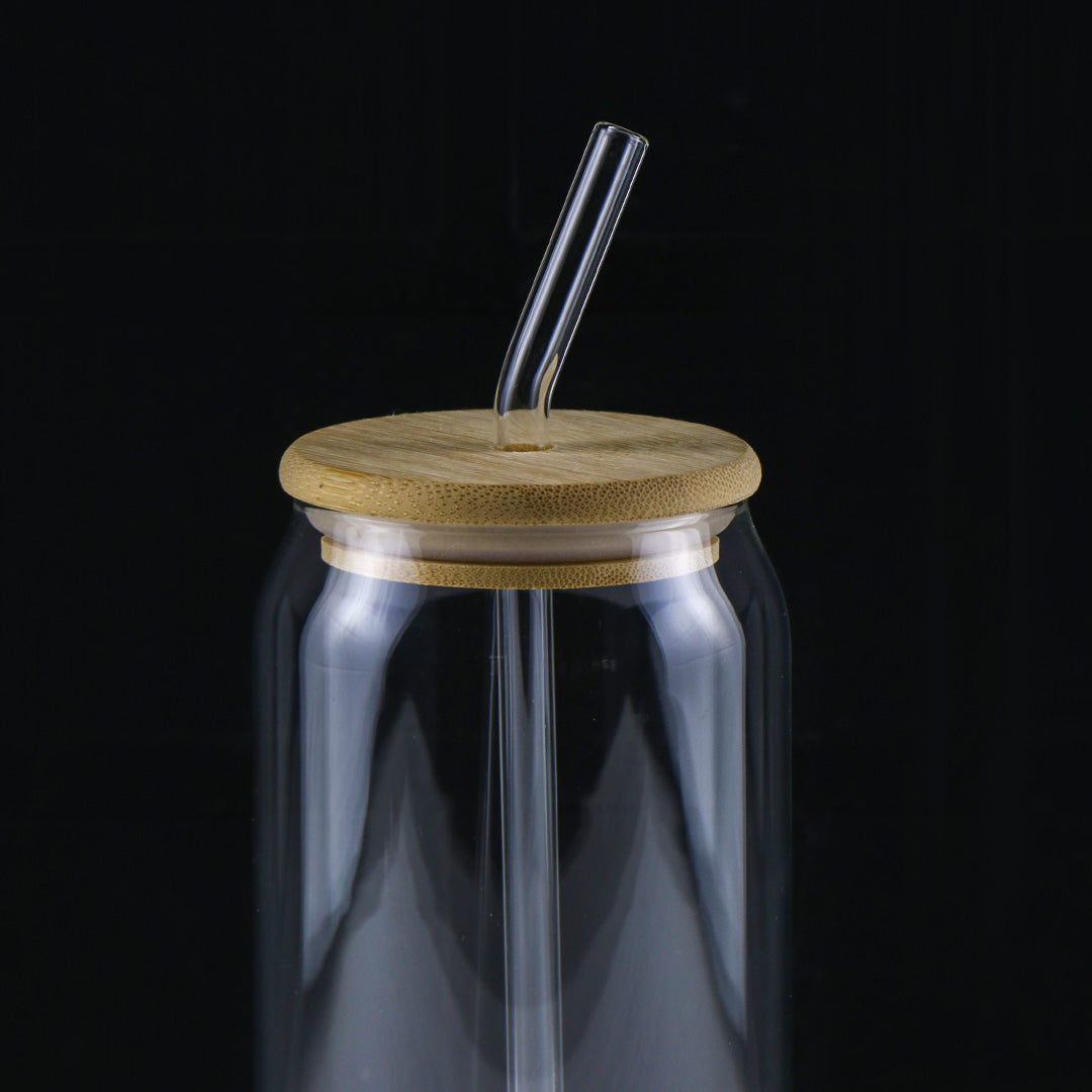 Can Glass with Wood Top & Glass Straw
