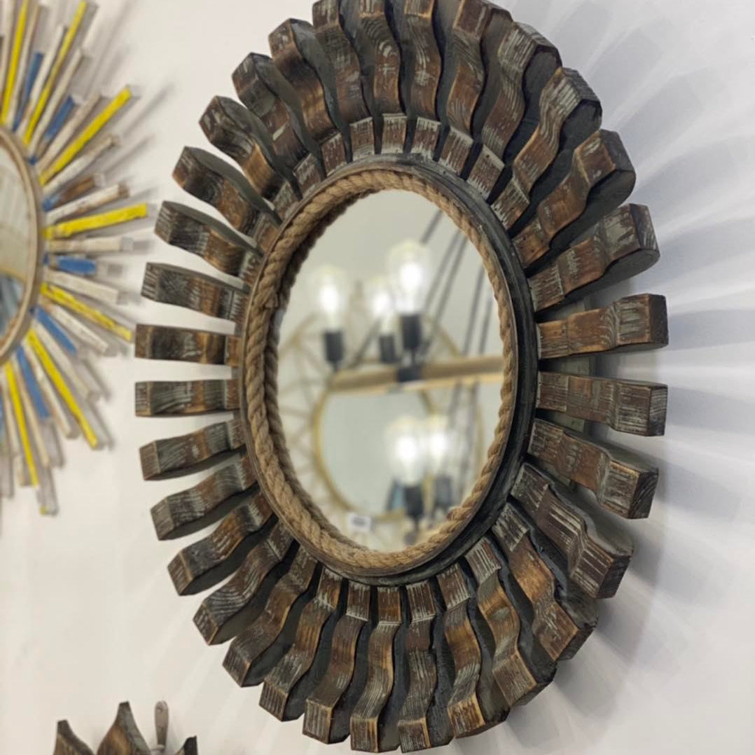 Rustic Sunburst Mirror with Wood and Rope Accents
