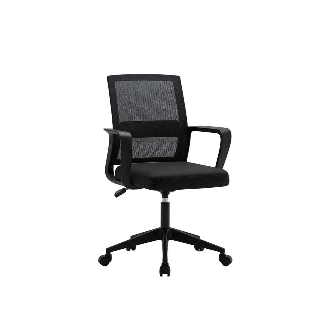 Black office chair in a modern office setting with large windows.