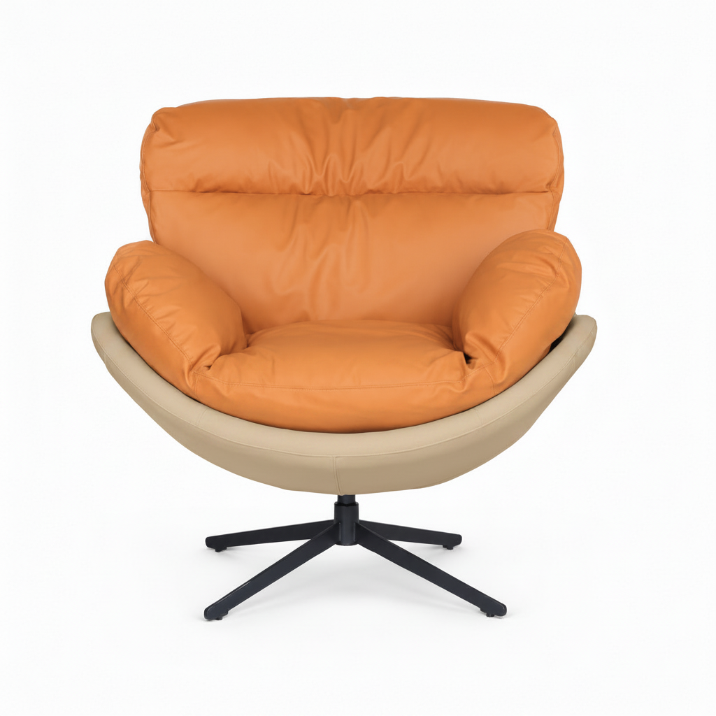 Orange and beige armchair with a black metal base on a white background