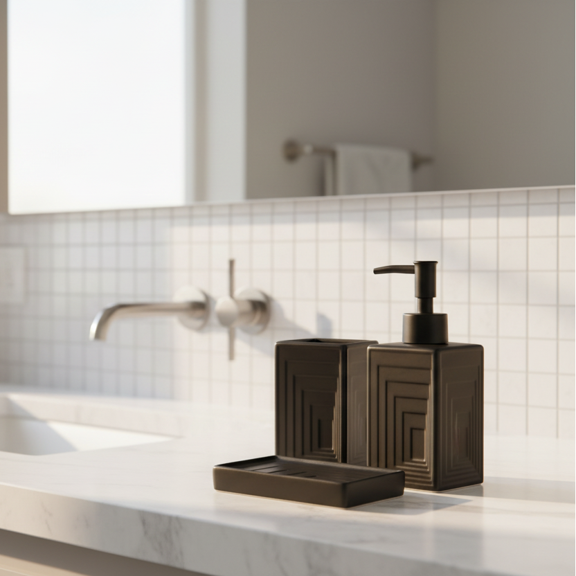 Box shaped black bathroom ceramic set