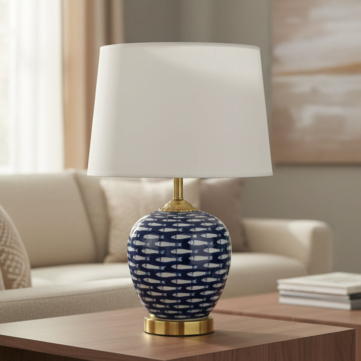 Blue table lamp with fish design