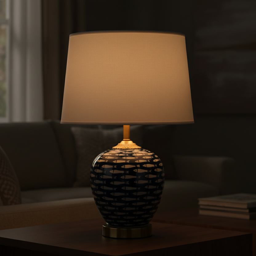 Blue table lamp with fish design