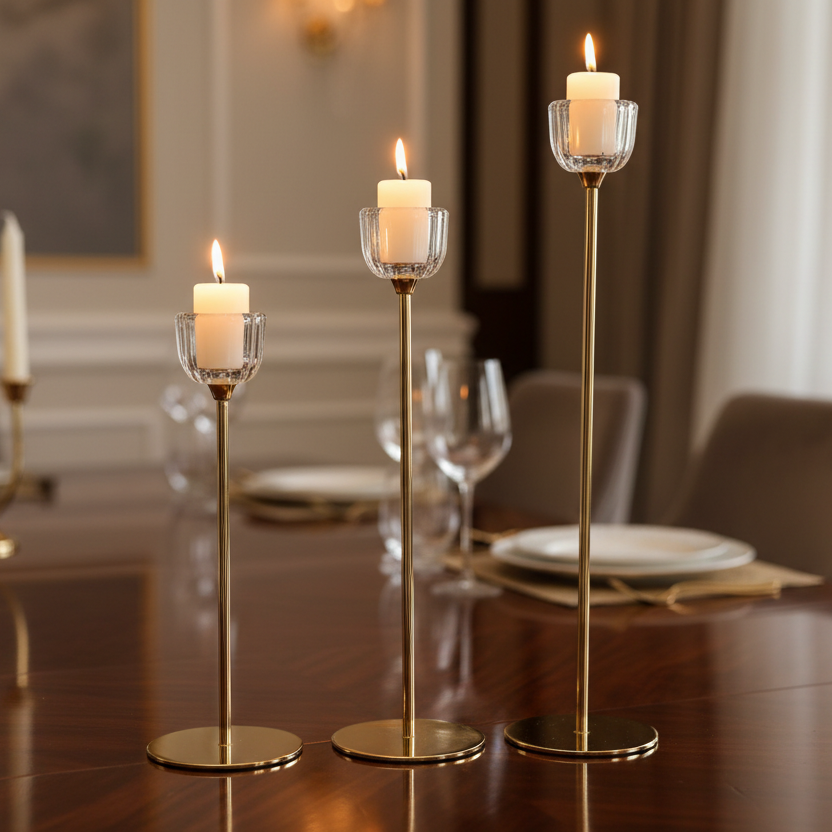 Glass Top Taper Candle Holder 3Pc Set