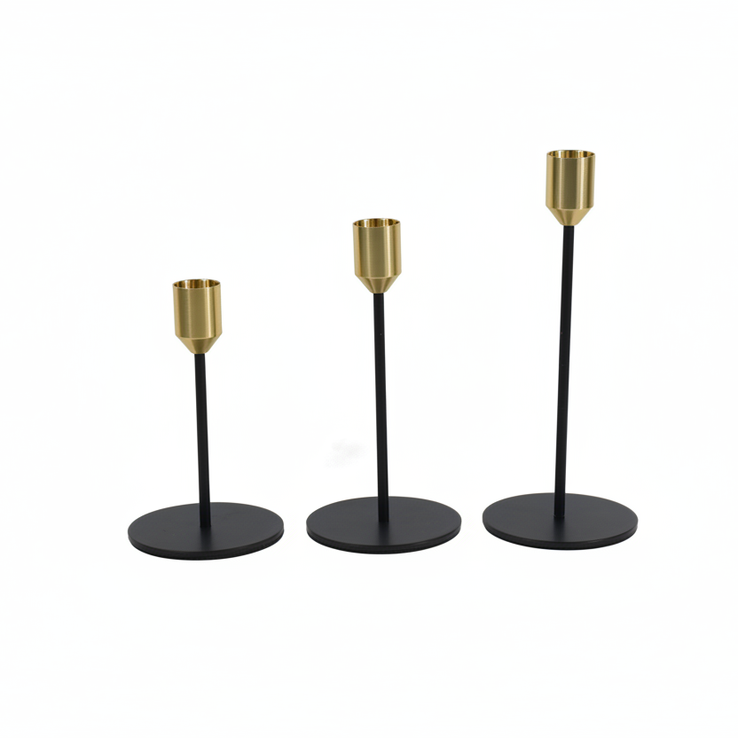Gold Top Black Taper Candle Holder Set