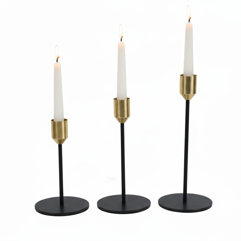 Gold Top Black Taper Candle Holder Set