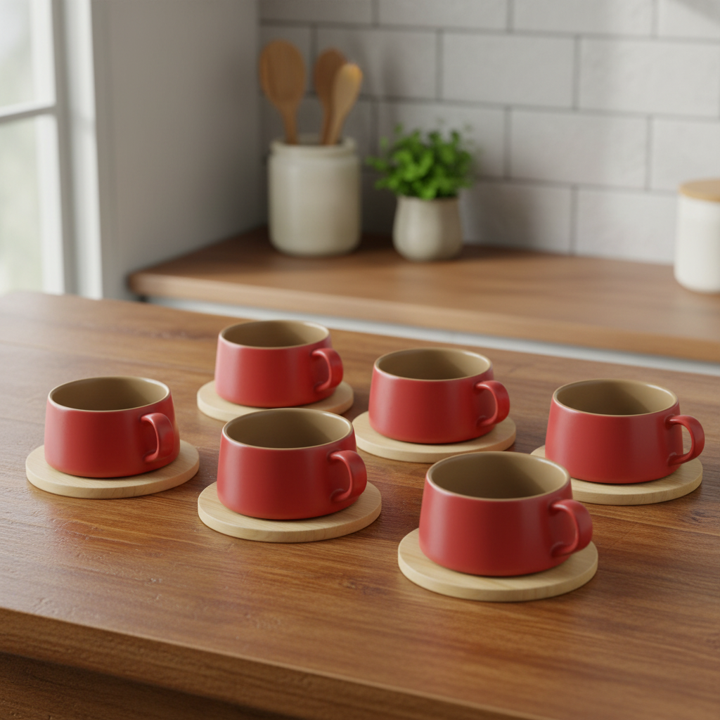 Red Cup & Bamboo Saucer 6Pc Set
