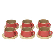 Red Cup & Bamboo Saucer 6Pc Set