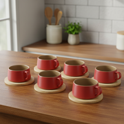 Red Cup & Bamboo Saucer 6Pc Set