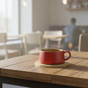 Red Cup & Bamboo Saucer 6Pc Set