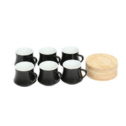 Black Cup & Bamboo Saucer 6Pc Set