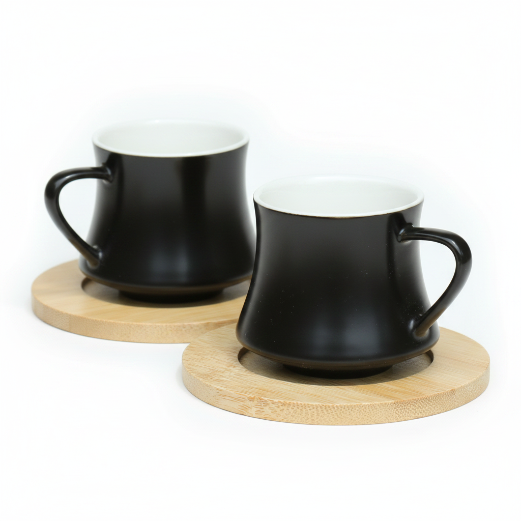 Black Cup & Bamboo Saucer 6Pc Set