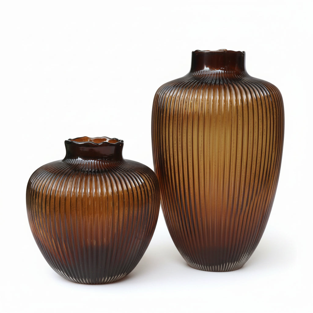 Amber Ribbed  Glass Vase