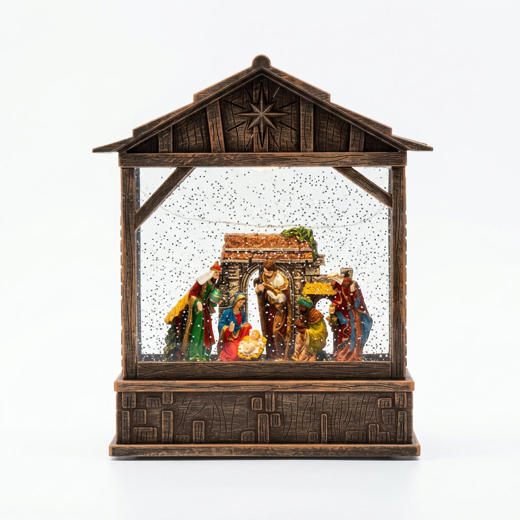 Walnut Nativity Snow Lantern