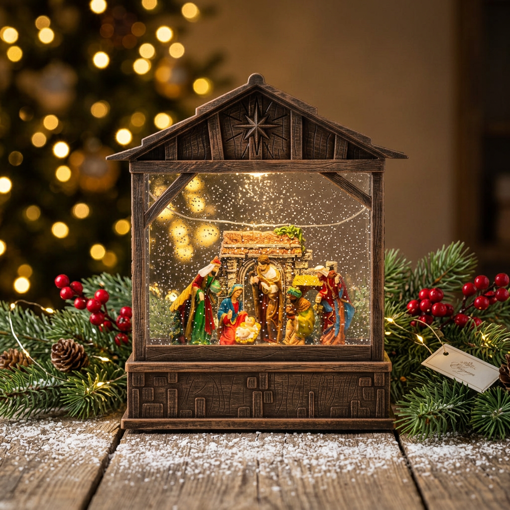 Walnut Nativity Snow Lantern