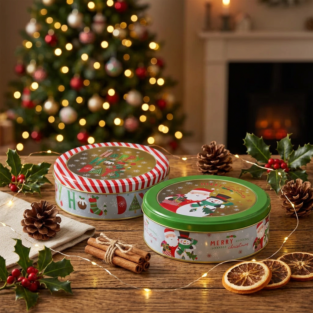 Round Christmas Story Tin