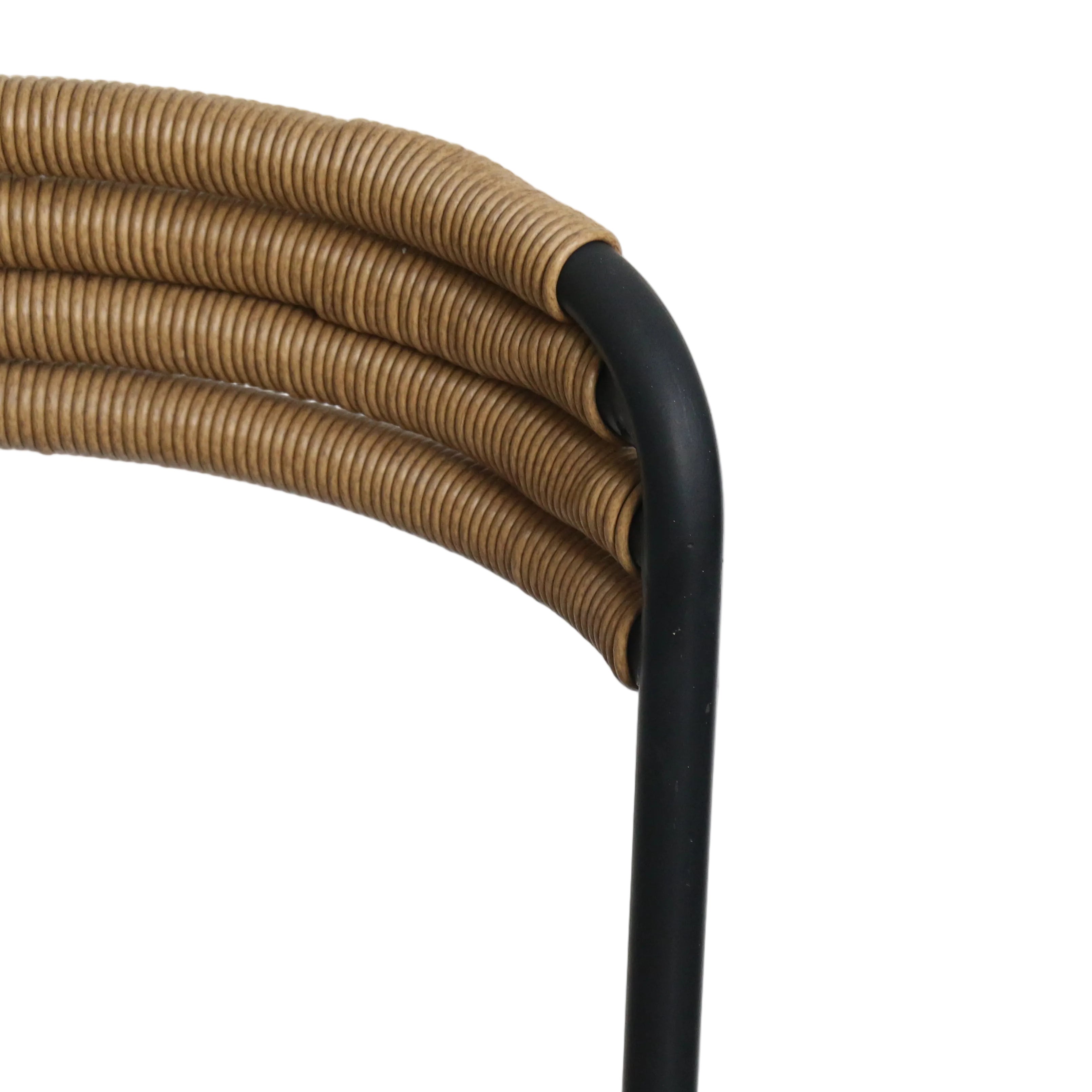 Close-up of a chair with woven backrest and black frame on a white background