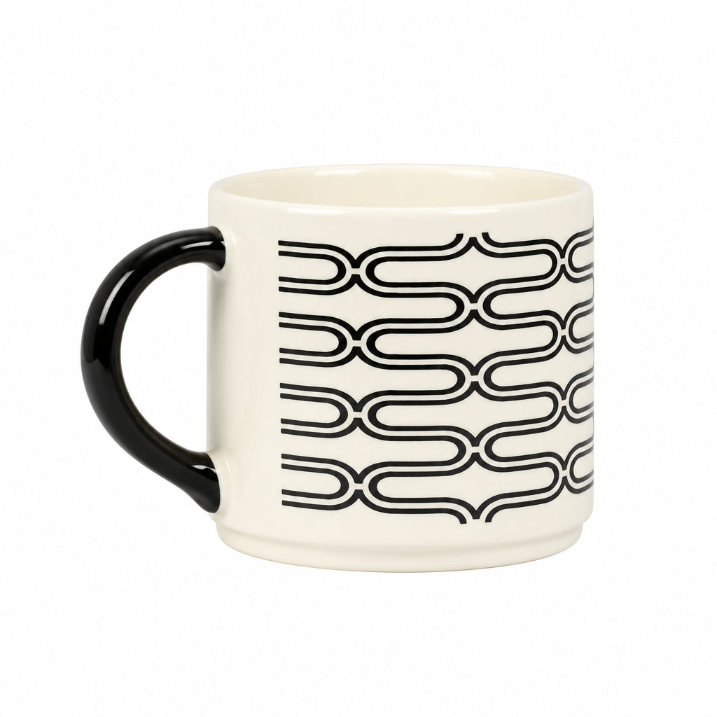 An off-white ceramic coffee mug with a glossy black handle and a black wavy chain-link pattern around the middle, set against a solid light gray background.