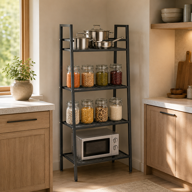 Four-Tier Black Metal Shelf Rack