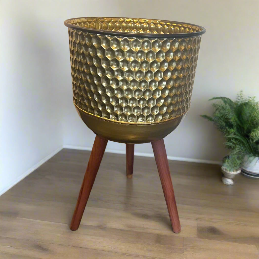 Gold Plant Holder with Wooden Tripod Legs