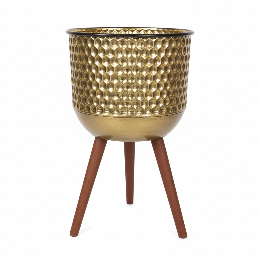 Gold Plant Holder with Wooden Tripod Legs