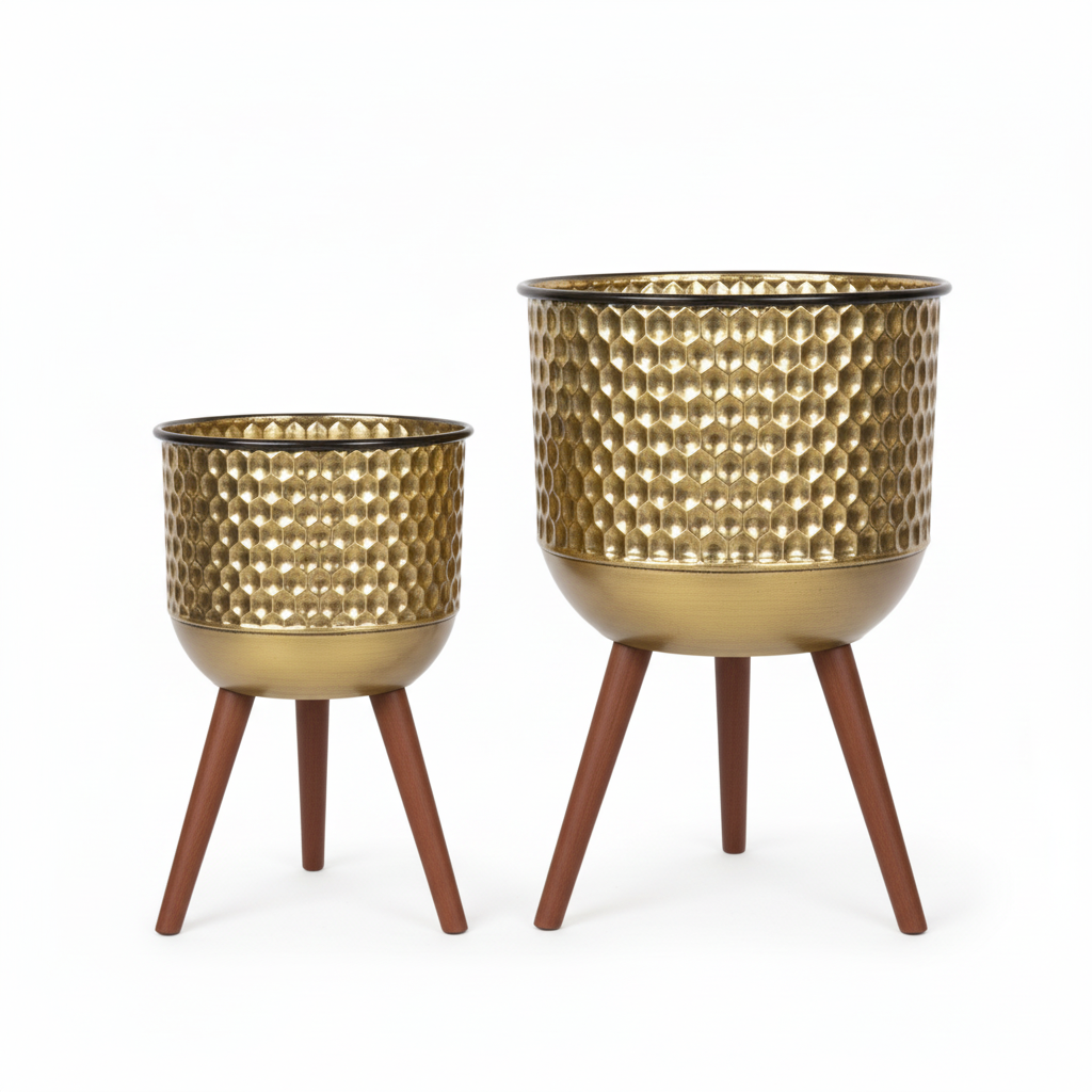 Gold Plant Holder with Wooden Tripod Legs