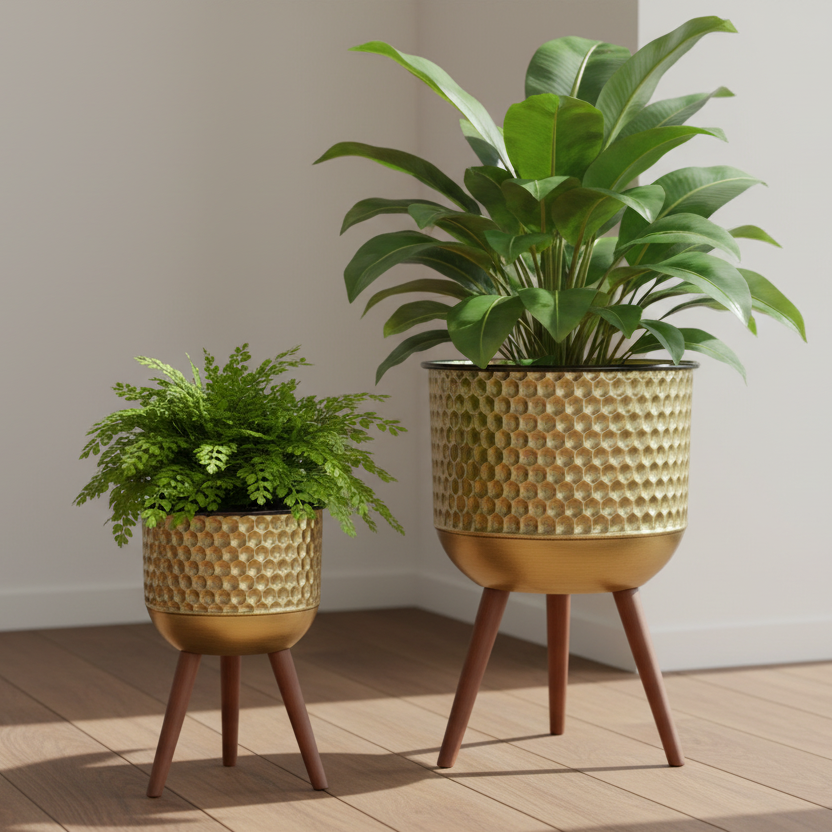 Gold Plant Holder with Wooden Tripod Legs