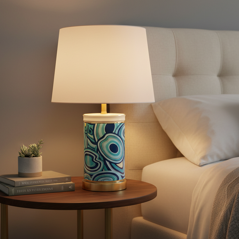 Ceramic Table Lamp with Blue Abstract Swirl Pattern