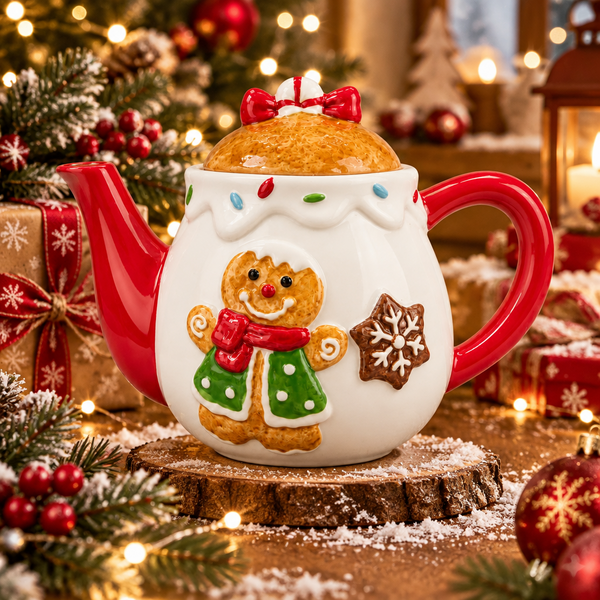 A white ceramic teapot decorated with a gingerbread man figure, a red handle and spout, and a gingerbread cookie on the side, set against a black office chair background.