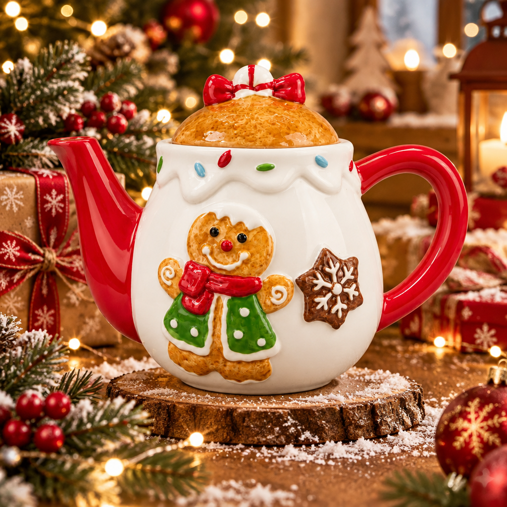 A white ceramic teapot decorated with a gingerbread man figure, a red handle and spout, and a gingerbread cookie on the side, set against a black office chair background.