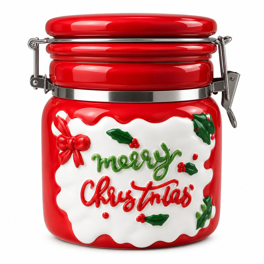 A red and white ceramic Christmas-themed jar with a hinged metal lid and a front label reading 'Merry Christmas' in red and green lettering, decorated with icing-like red and white patterns and green holly leaves.
