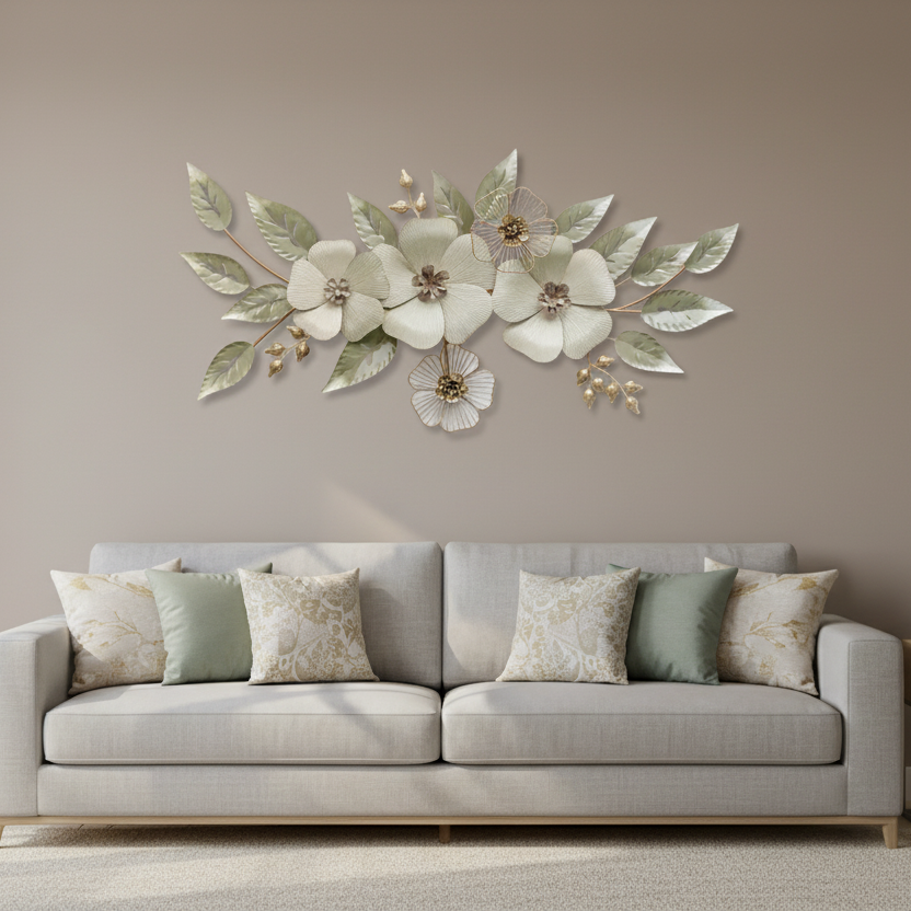 White Flowers with Leaves Wall Deco