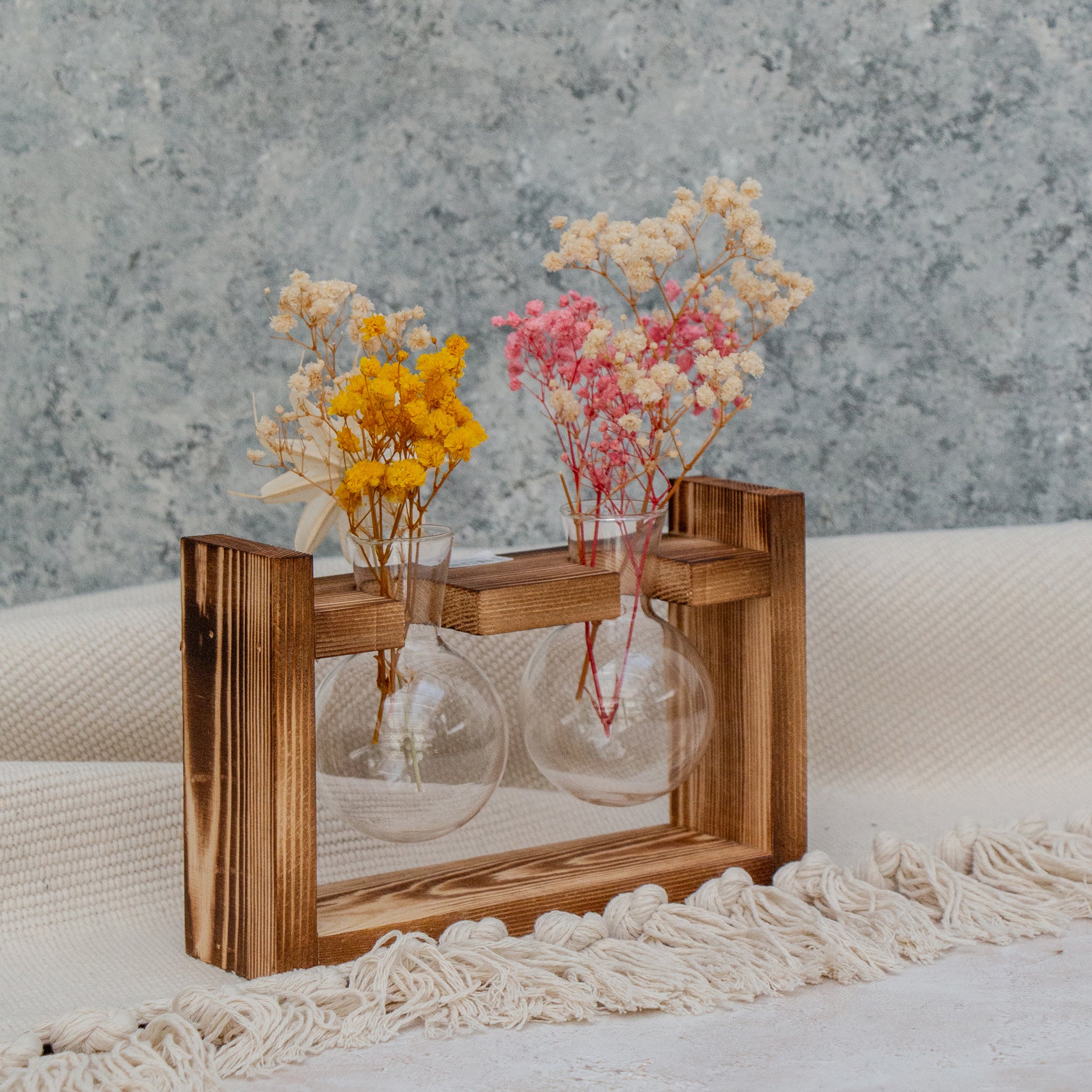 Double Glass Vase with Wooden Frame