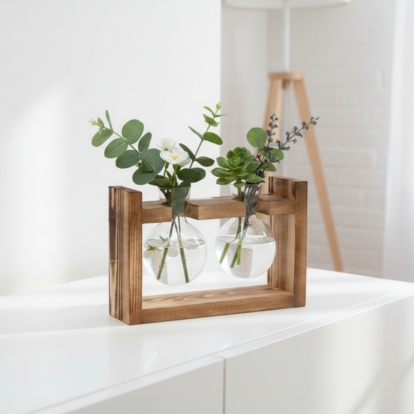 Double Glass Vase with Wooden Frame