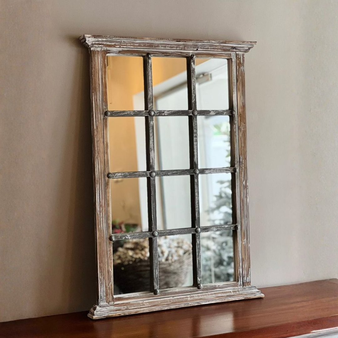 Distressed Wood Windowpane Rectangular Mirror