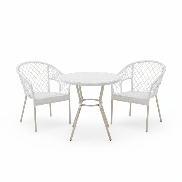 White round table with two matching chairs on a tiled patio