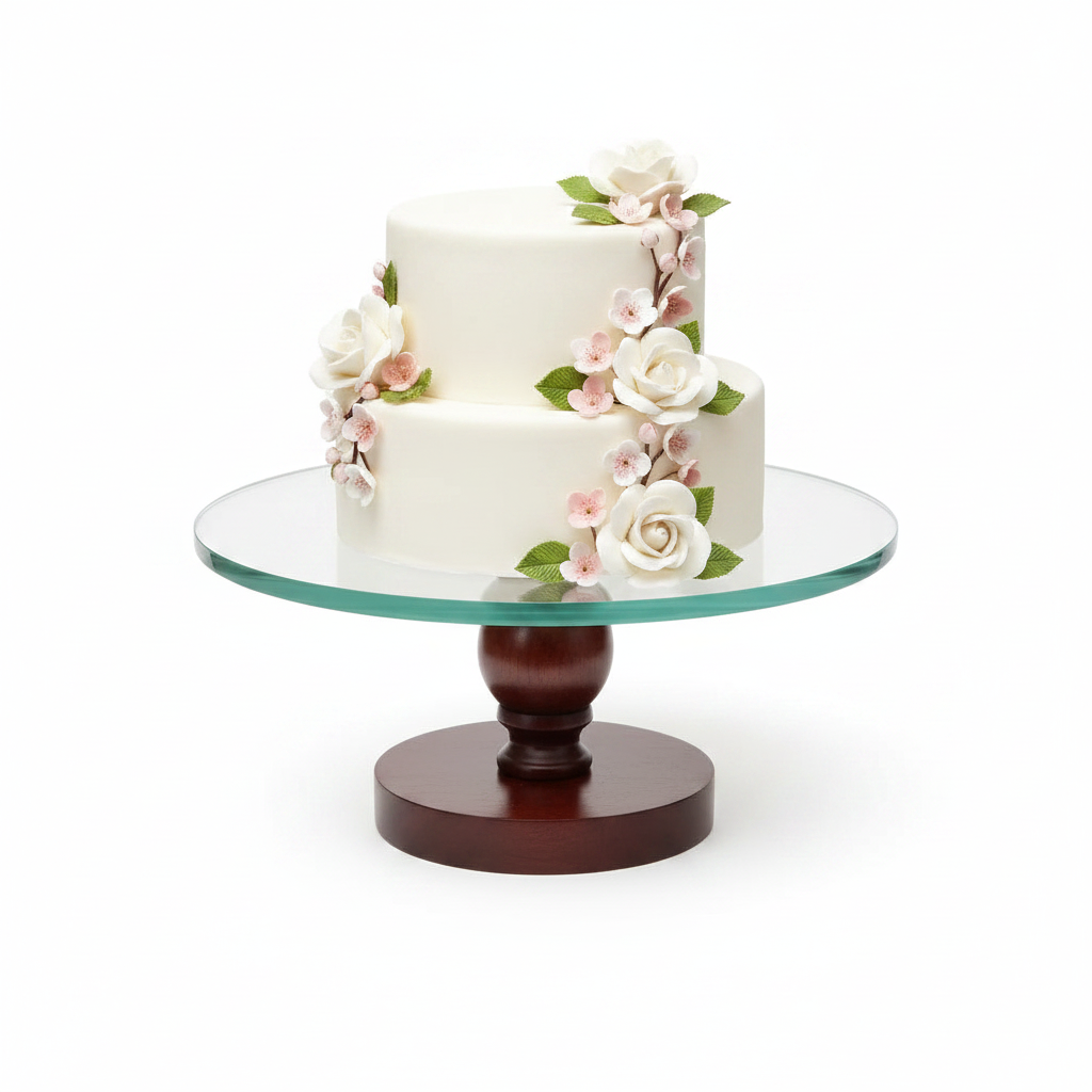 Glass Top Wooden Cake Stand