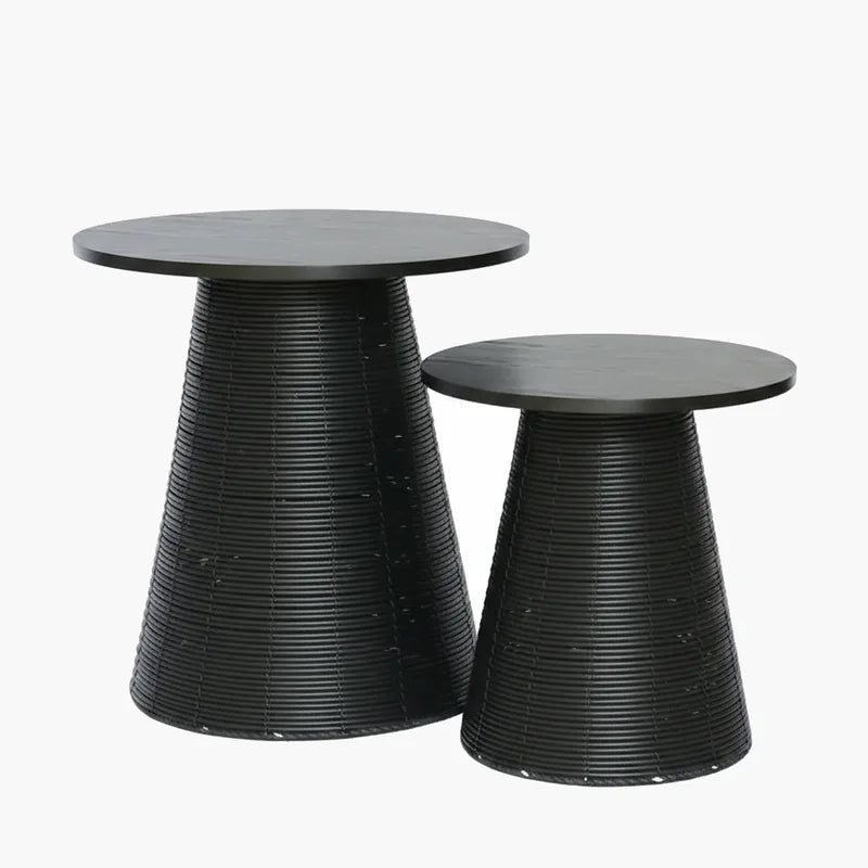 Black Woven Wood-Top Table on a light grey background
