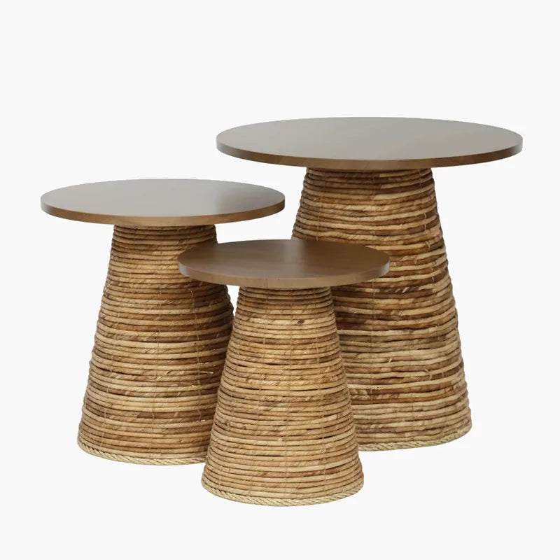 Brown Woven Wood-Top Table on a light grey background