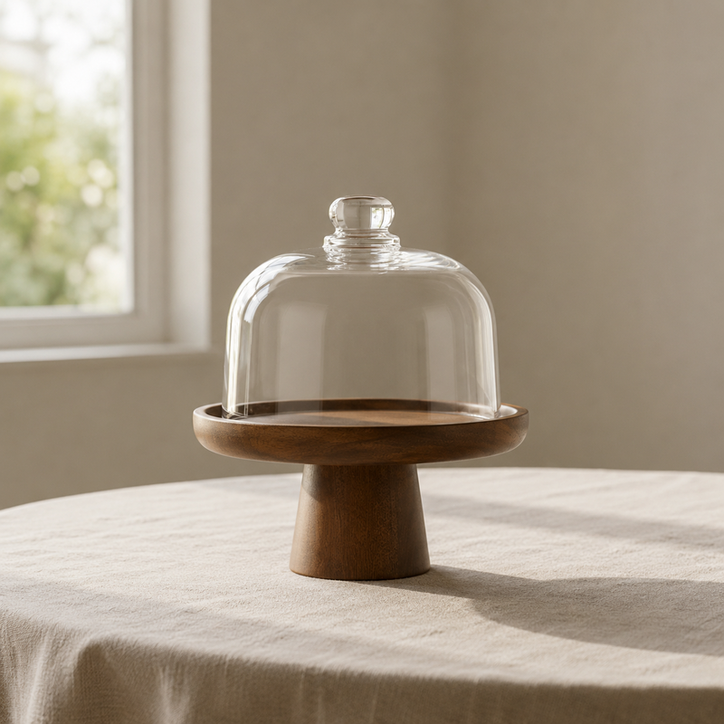 Cake Stand with Dome displayed on a complementary linen tablecloth