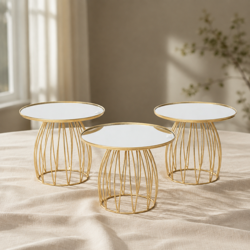 Gold Mirrored Cake Stands displayed on a complementary linen tablecloth