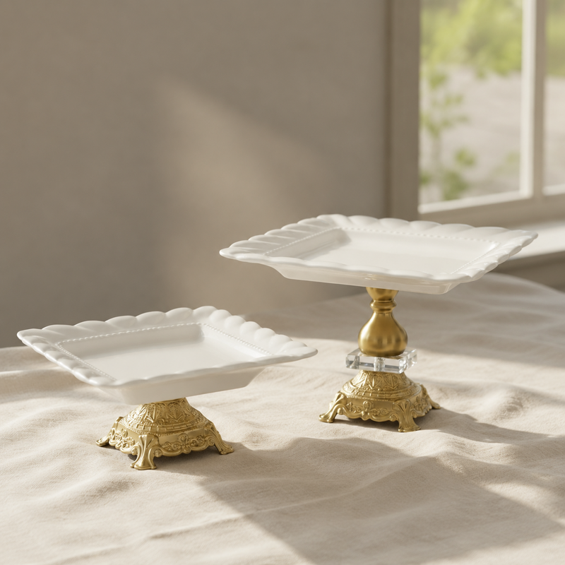 Gold & White Square Cake Stand displayed on a complementary linen tablecloth
