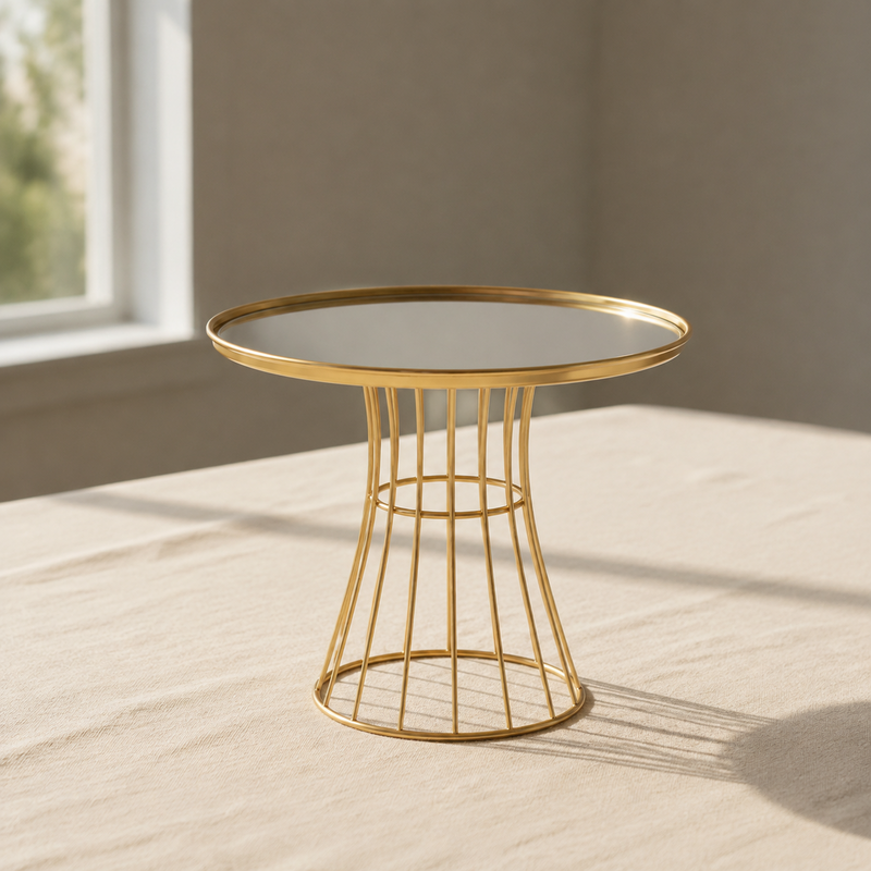 Mirrored Steel Cake Stand displayed on a complementary linen tablecloth