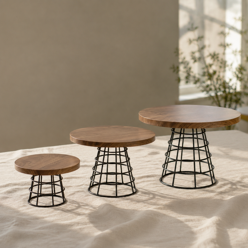 Round Wire Cake Stand displayed on a complementary linen tablecloth
