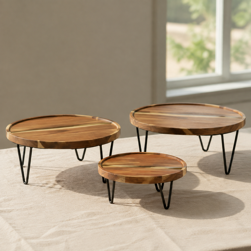 Round Wood Hairpin Cake Stand displayed on a complementary linen tablecloth