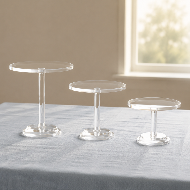 Transparent Cake Stand displayed on a complementary linen tablecloth