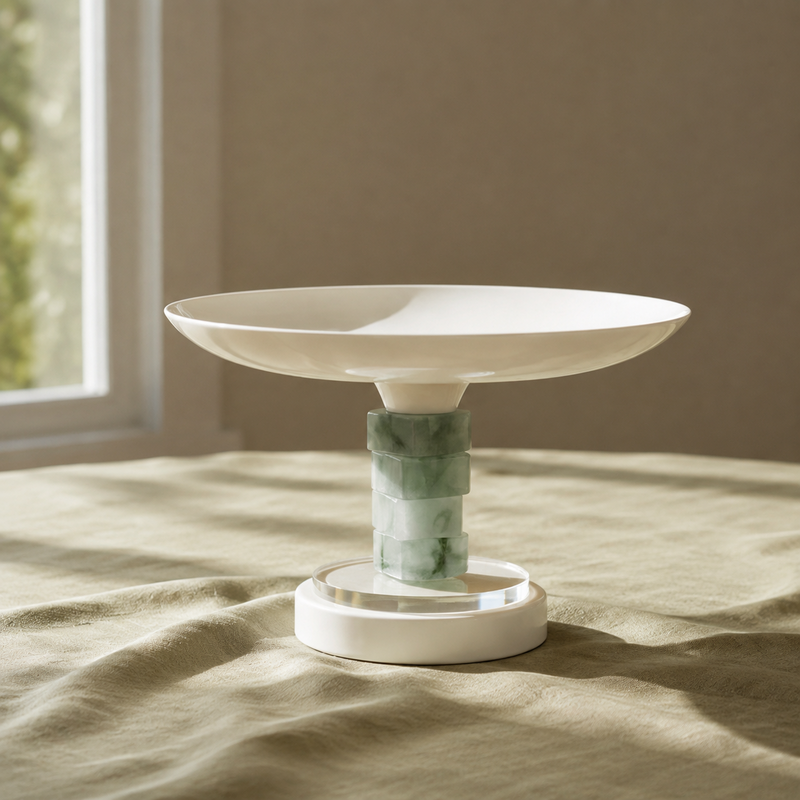 White & Green Marble Cake Stand displayed on a complementary linen tablecloth