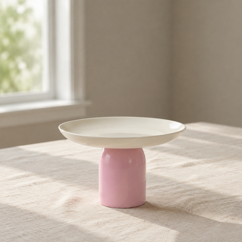 White and Pink Cake Stand displayed on a complementary linen tablecloth