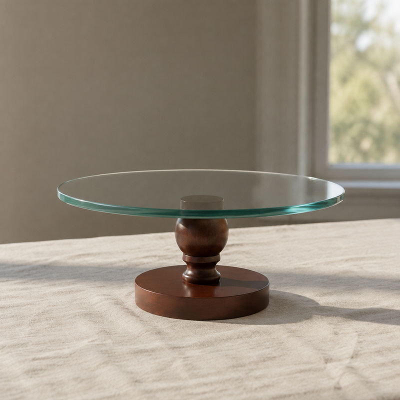 Wooden Glass-Top Cake Stand displayed on a complementary linen tablecloth